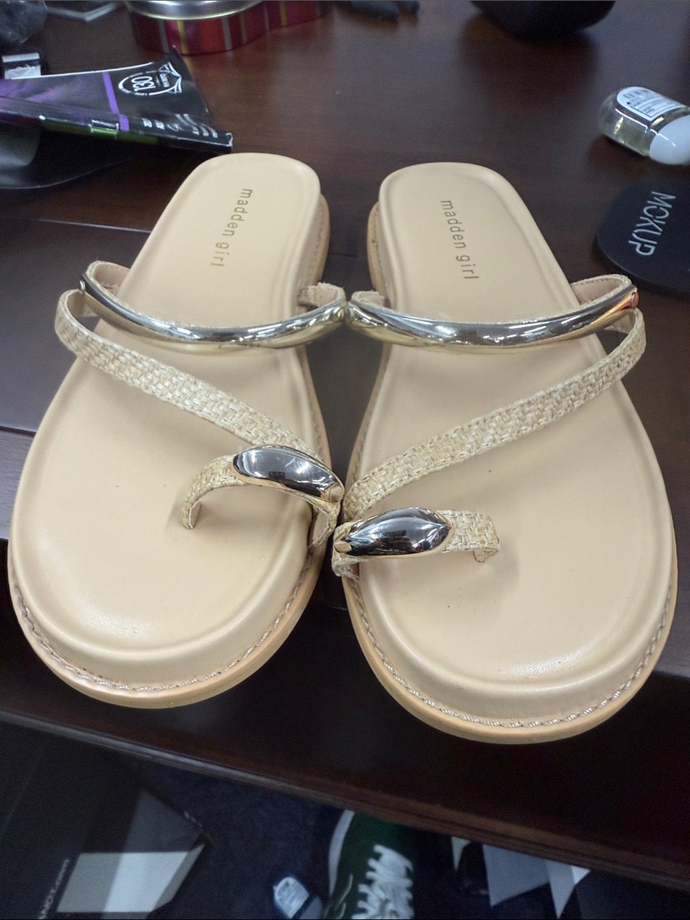 Madden Girl Neutral Beige Braided Strap Slide Sandals - Picture 2 of 2